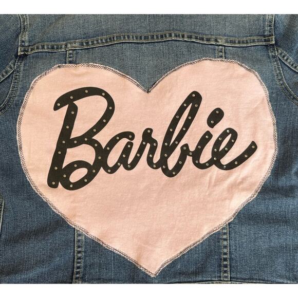 BARBIE Pink Heart Rhinestone Reworked Denim Jacket Upcycled Retro Size Large - Picture 7 of 9
